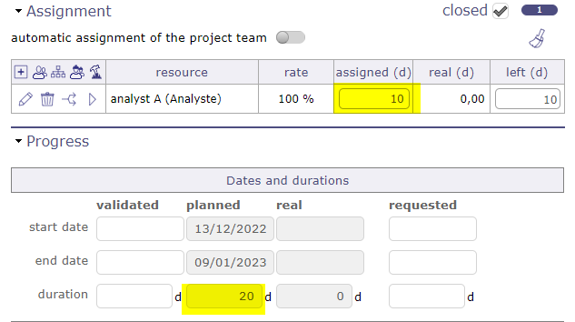 Dates and durations section on parent activity